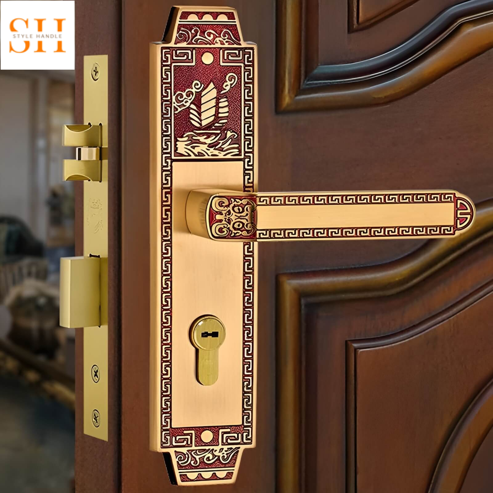 Khóa cửa tay gạt bằng đồng chạm khắc nghệ thuật KT6807