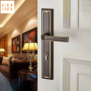 Khóa cửa tay gạt đồng hoa văn uốn lượn cổ điển HT069