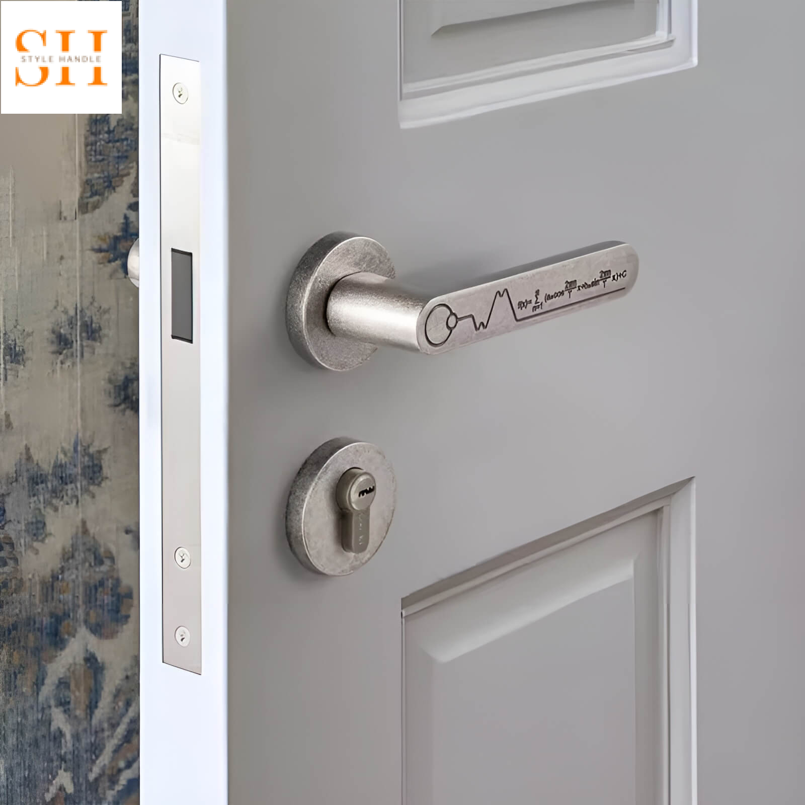 khóa cửa tay gạt họa tiết hình học hiện đại G527 – phối cùng cửa chạm khắc đường soi rãnh sculptural routing 2027
