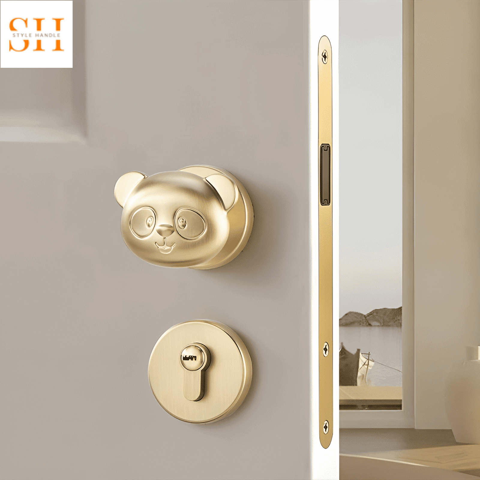 Khóa cửa tay nắm hình gấu trúc nghệ thuật JI7383