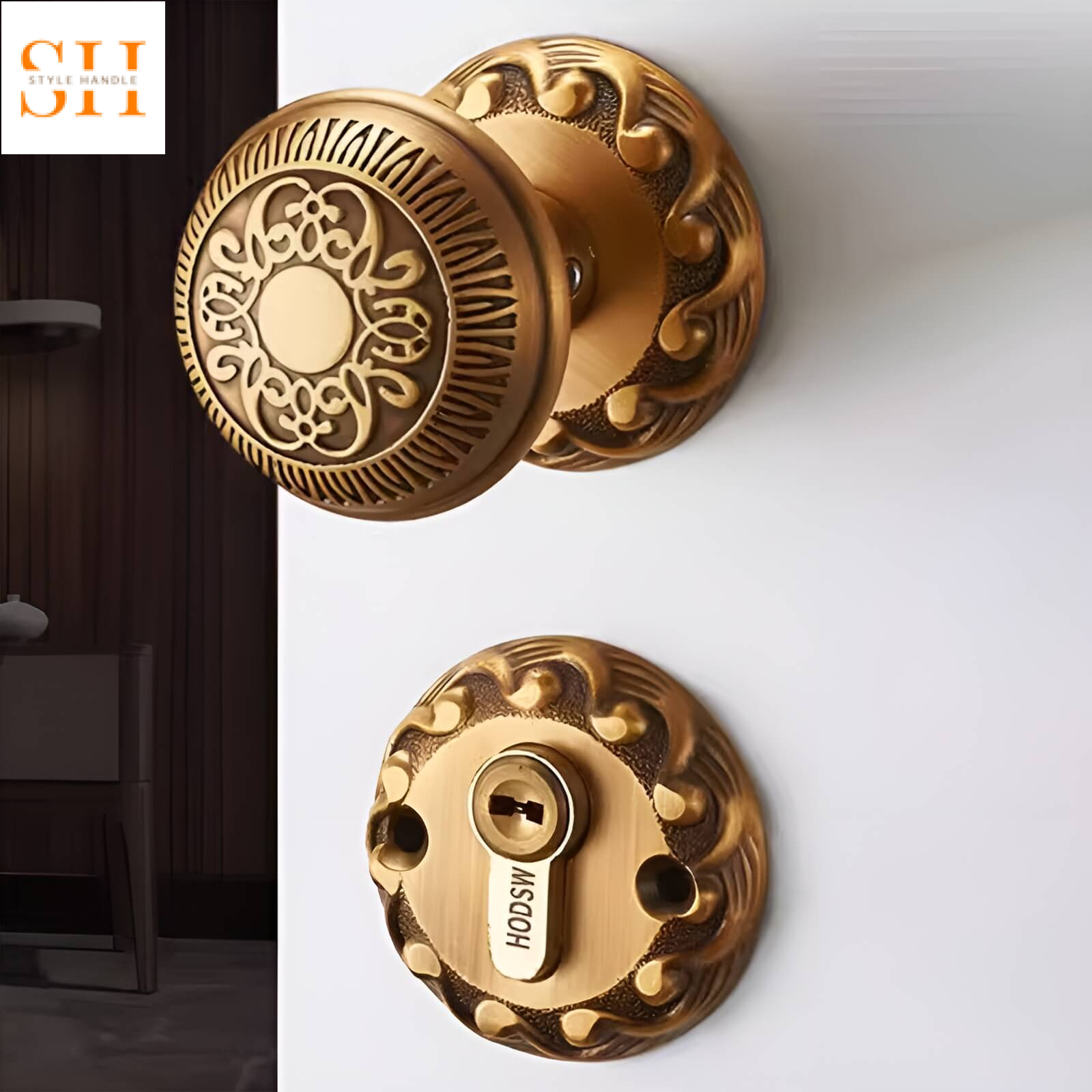 Khóa cửa tay nắm hoa văn kiểu Pháp bằng đồng HT7291