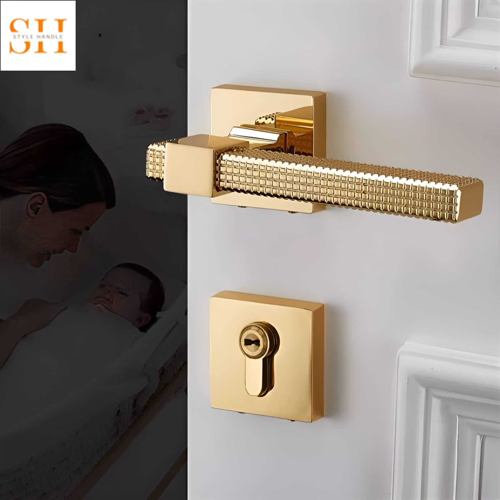 Khóa tay gạt bằng đồng họa tiết hình vuông độc đáo HT6618