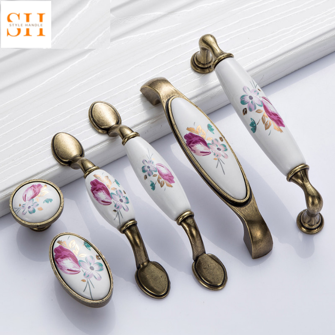 Tay nắm tủ gốm sứ họa tiết hoa hồng YJ3026